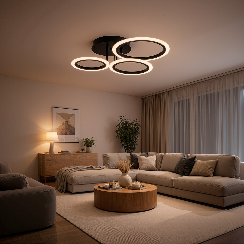 BETTY 40W LED Chandelier with Remote Control, 3 Rings, Cool/Warm/Neutral Light, Dimmable, Black, imaginea 9