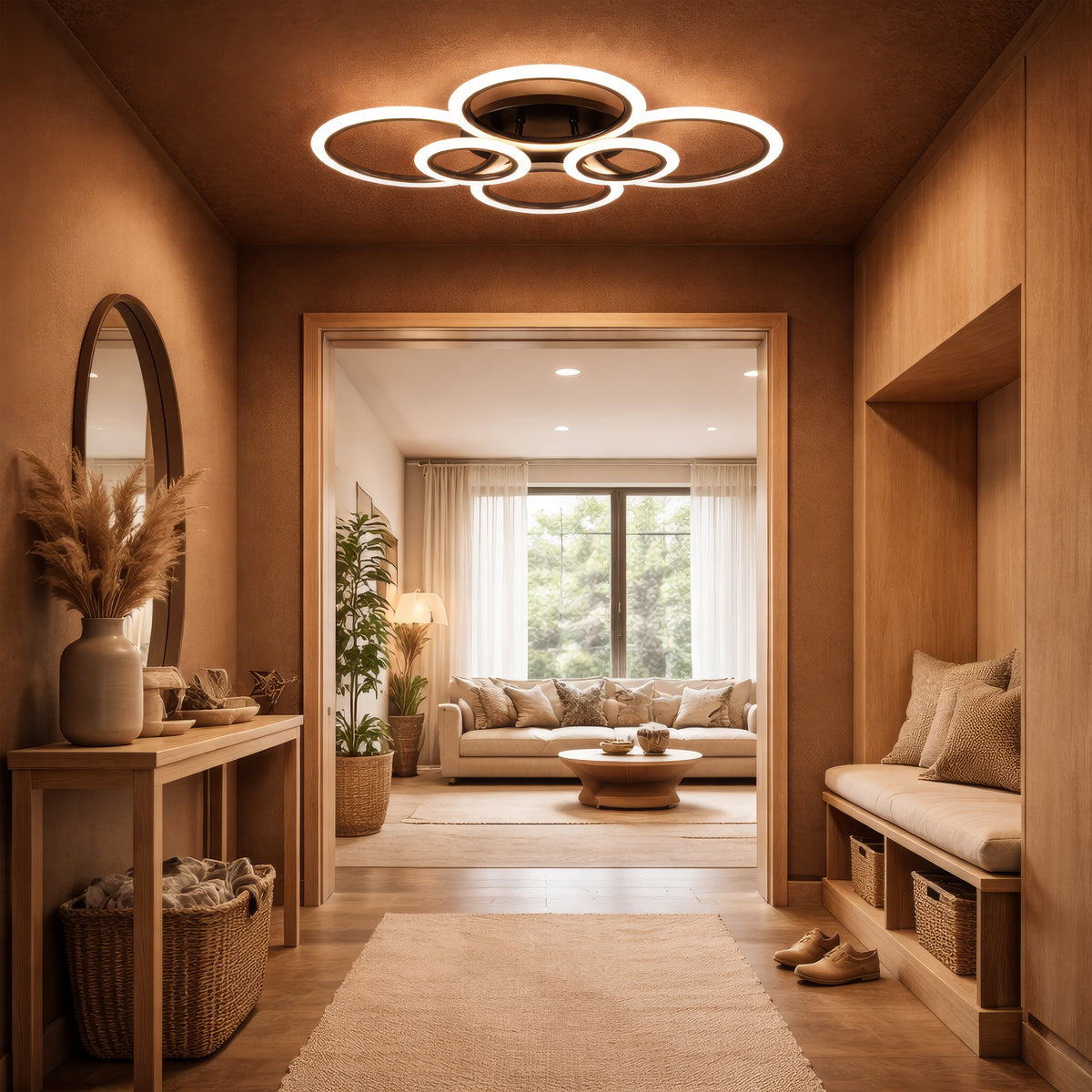 BETTY 82W LED Chandelier with Remote Control, 6 Rings, Cool/Warm/Neutral Light, Dimmable, Black, imaginea 12