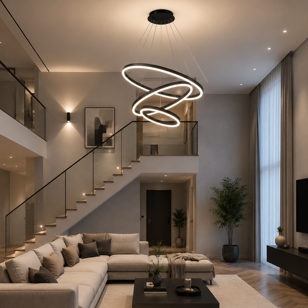 Závesný LED luster s diaľkovým ovládačom CASIANA 85 W, 3 kruhy, studené/cieple/neuterálne svetlo, dimovateľný, čierny, nastaviteľná výška, imaginea 9