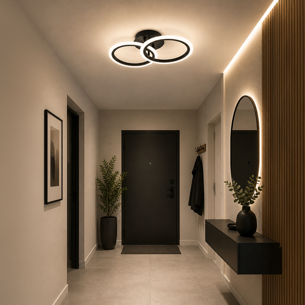 BETTY 27W LED Chandelier with Remote Control, 2 Rings, Cool/Warm/Neutral Light, Dimmable, Black, imaginea 10