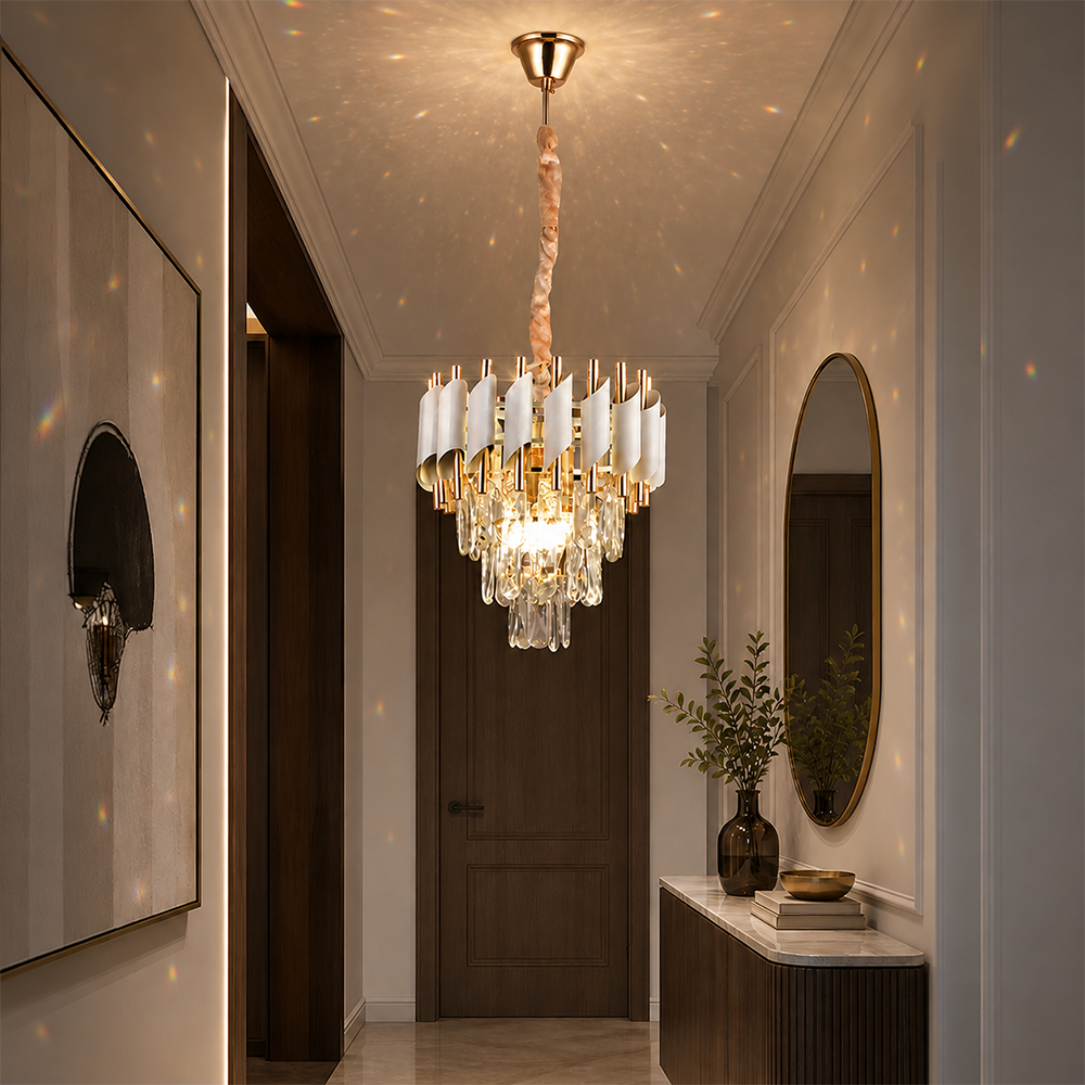 Kristálový lustr VERSAILLES Petito 3xE14, priemer 30 cm, lesklé zlatá a biela, nastaviteľná výška, kov a krištáľ, imaginea 7