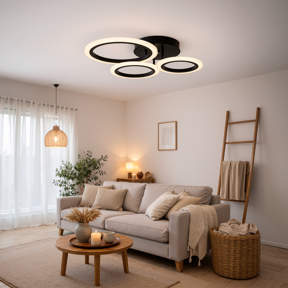 BETTY 40W LED Chandelier with Remote Control, 3 Rings, Cool/Warm/Neutral Light, Dimmable, Black, imaginea 10