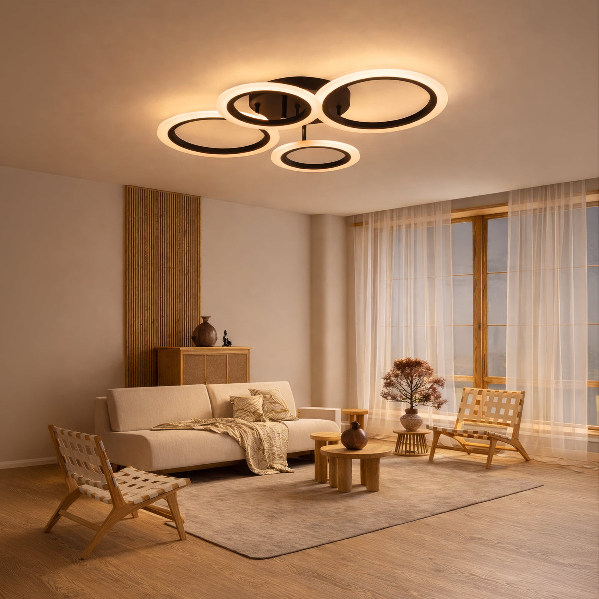 BETTY 43W LED Chandelier with Remote Control, 4 Rings, Cool/Warm/Neutral Light, Dimmable, Black, imaginea 13