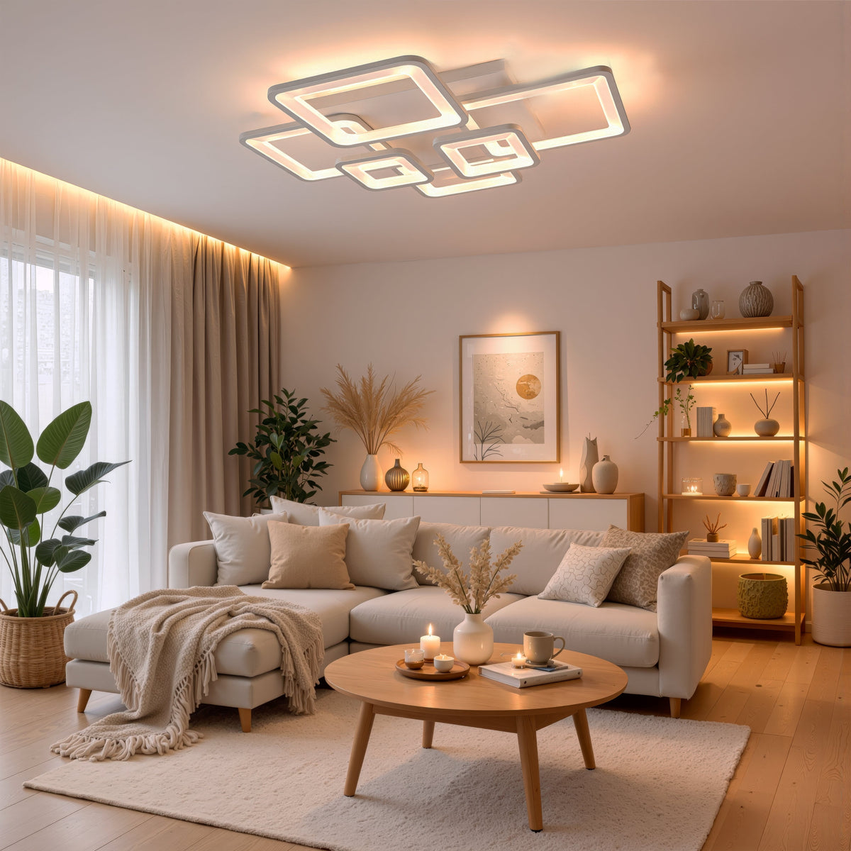 LED luster s diaľkovým ovládačom ELLA 119W, 6 štvorcov, studené/teplé/neuterálne svetlo, stmívateľný, biely, kov a akryl, imaginea 13