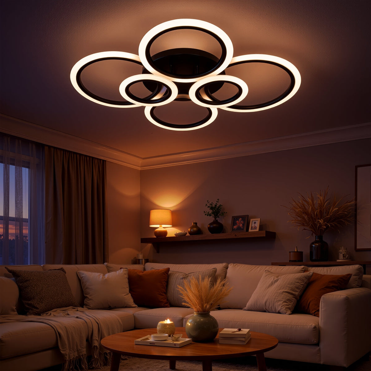 BETTY 82W LED Chandelier with Remote Control, 6 Rings, Cool/Warm/Neutral Light, Dimmable, Black, imaginea 10