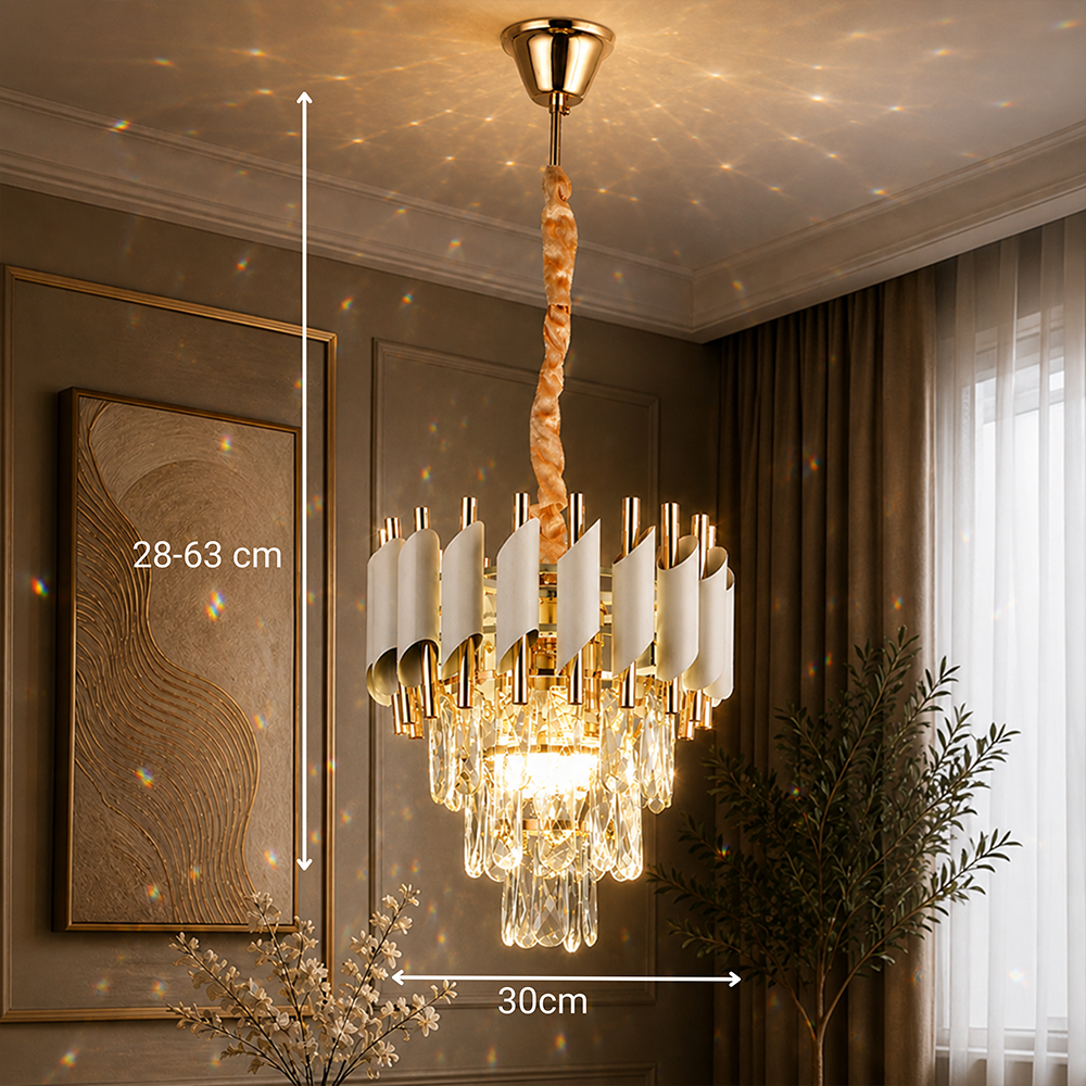 Candelabru Cristal VERSAILLES Petito 3xE14, Diametru 30cm, Auriu Lucios si Alb, Inaltime Reglabila, Metal si Cristal, imaginea 3
