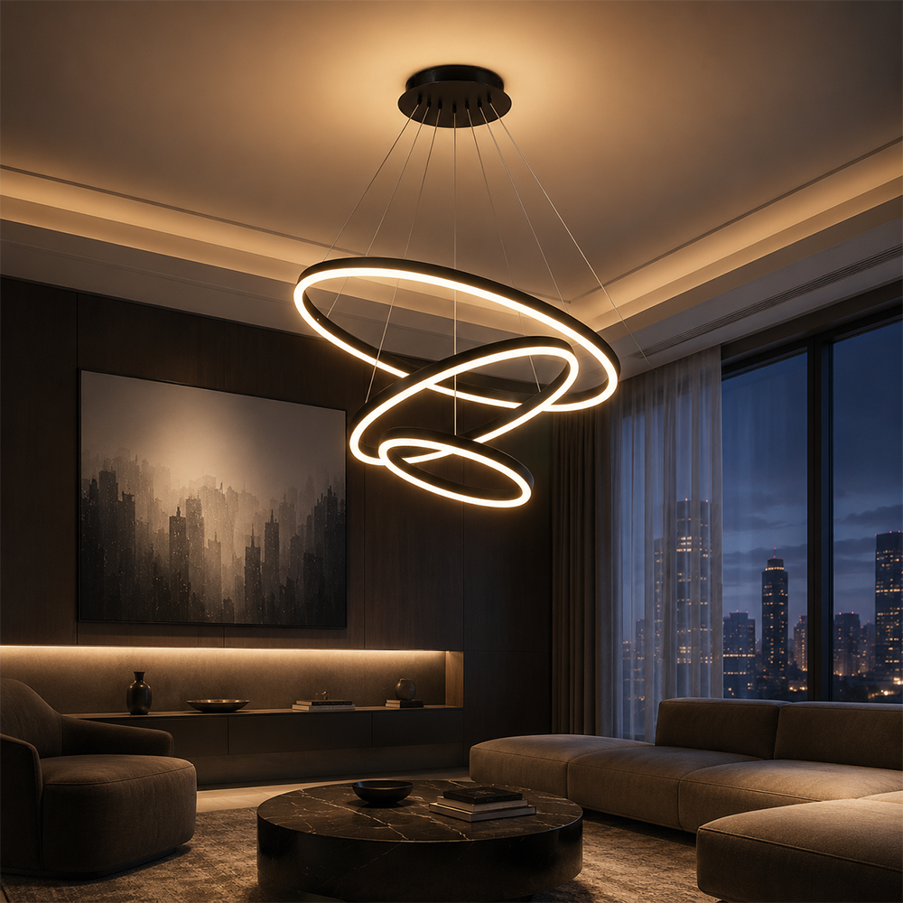 Závesný LED luster s diaľkovým ovládačom CASIANA 85 W, 3 kruhy, studené/cieple/neuterálne svetlo, dimovateľný, čierny, nastaviteľná výška, imaginea 10