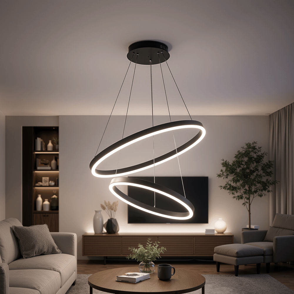 Závesný LED luster s diaľkovým ovládačom CASIANA 40 W, 2 kruhy, studené/teplé/neutrálne svetlo 3000 K/4000 K/6000 K, dimovateľný, čierny, nastaviteľná výška, imaginea 9