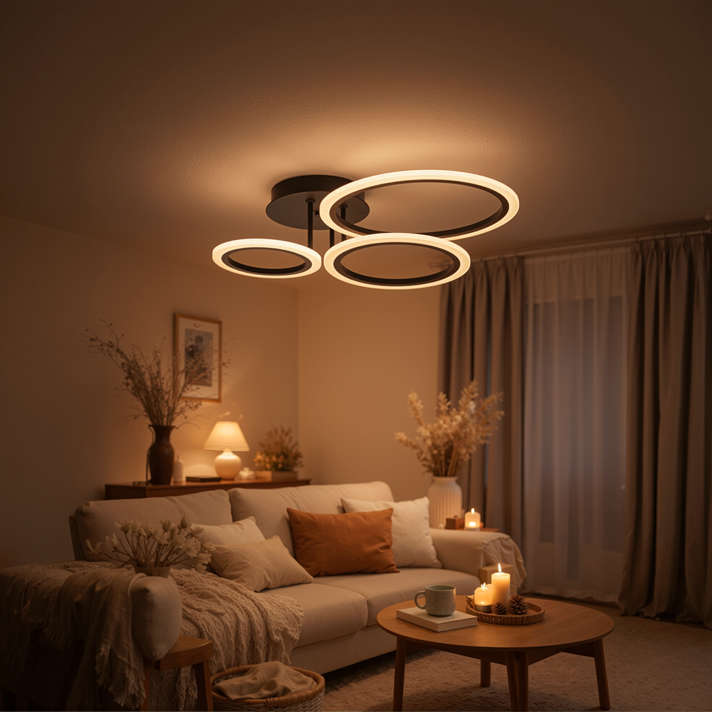 BETTY 40W LED Chandelier with Remote Control, 3 Rings, Cool/Warm/Neutral Light, Dimmable, Black, imaginea 11