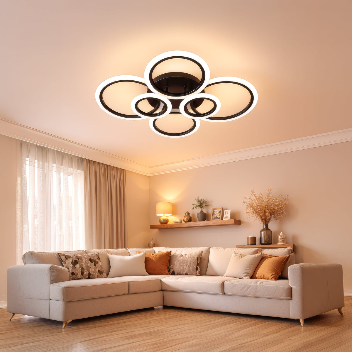 BETTY 82W LED Chandelier with Remote Control, 6 Rings, Cool/Warm/Neutral Light, Dimmable, Black, imaginea 11