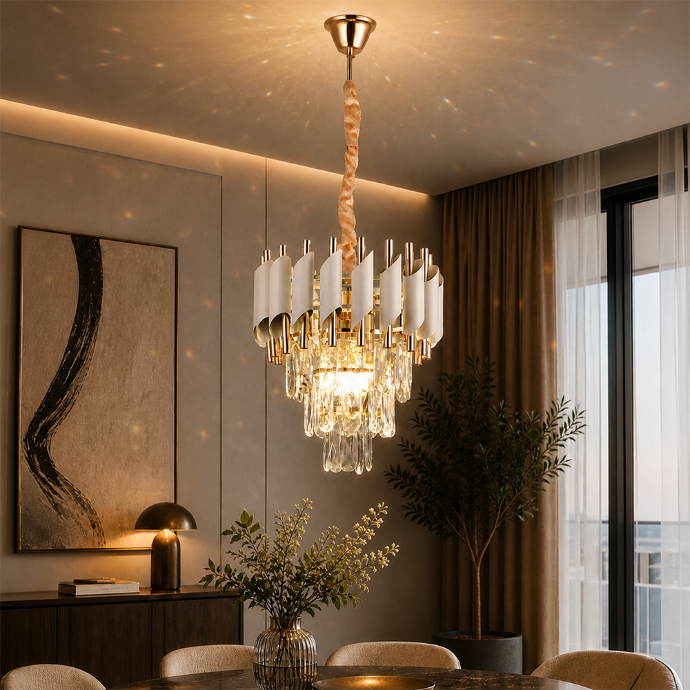 Candelabru Cristal VERSAILLES Petito 3xE14, Diametru 30cm, Auriu Lucios si Alb, Inaltime Reglabila, Metal si Cristal, imaginea 2