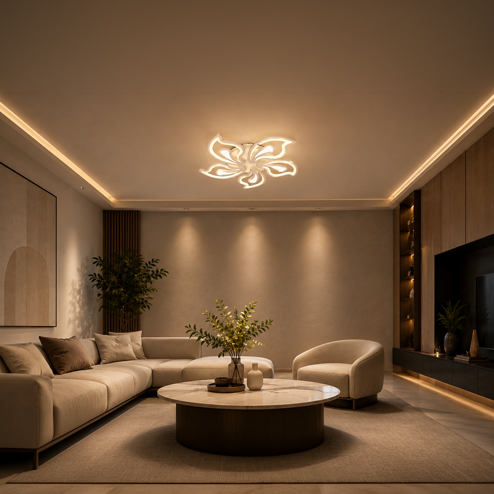 GLORIOSA 95W LED Chandelier with Remote Control, 5 Petals, Cool/Warm/Neutral Light, Dimmable, White, imaginea 12