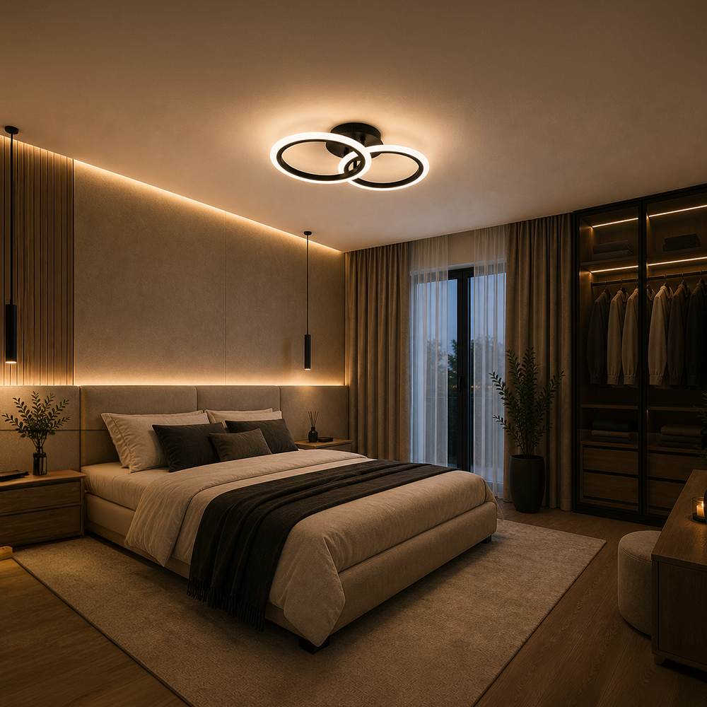 BETTY 27W LED Chandelier with Remote Control, 2 Rings, Cool/Warm/Neutral Light, Dimmable, Black, imaginea 12