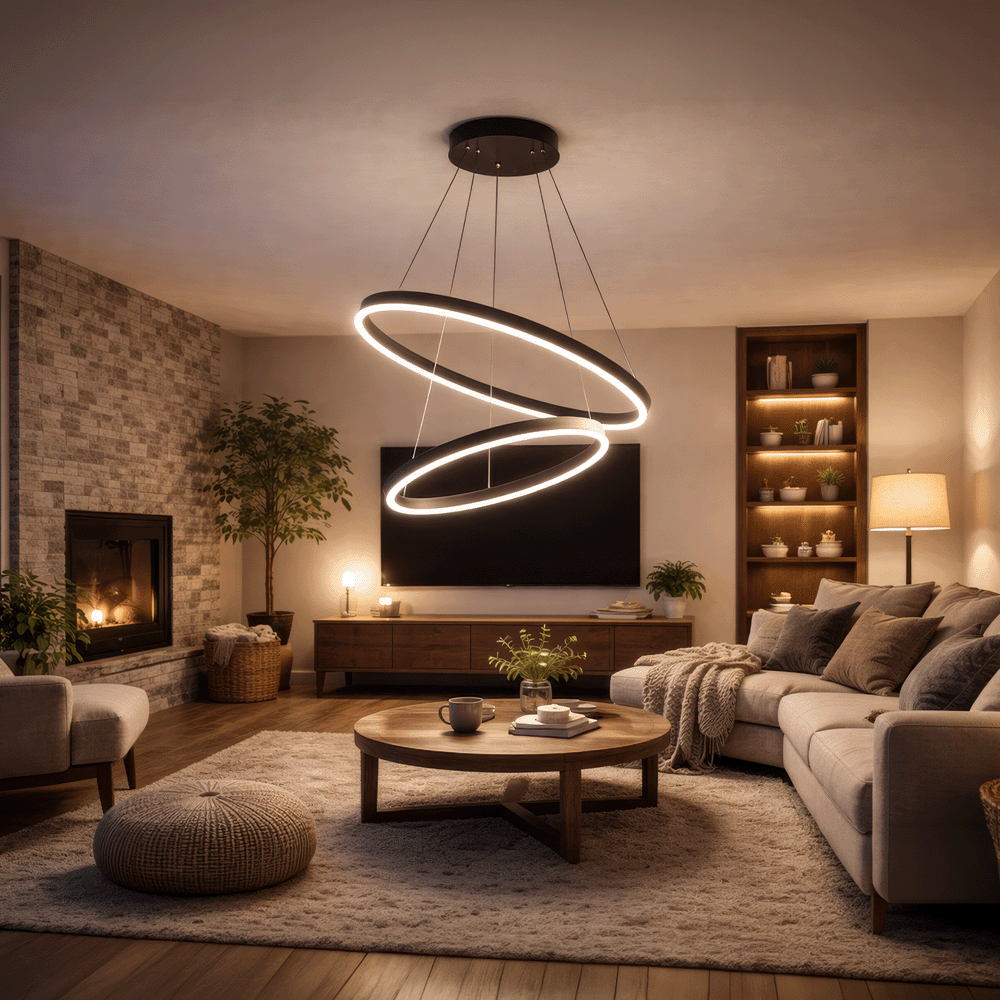Závesný LED luster s diaľkovým ovládačom CASIANA 40 W, 2 kruhy, studené/teplé/neutrálne svetlo 3000 K/4000 K/6000 K, dimovateľný, čierny, nastaviteľná výška, imaginea 10