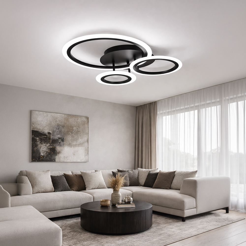 BETTY 40W LED Chandelier with Remote Control, 3 Rings, Cool/Warm/Neutral Light, Dimmable, Black, imaginea 12