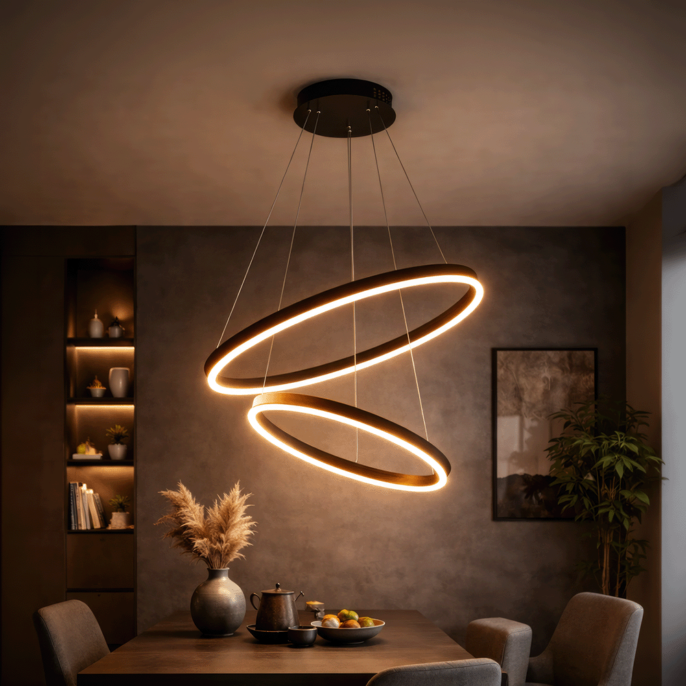 Závesný LED luster s diaľkovým ovládačom CASIANA 40 W, 2 kruhy, studené/teplé/neutrálne svetlo 3000 K/4000 K/6000 K, dimovateľný, čierny, nastaviteľná výška, imaginea 12