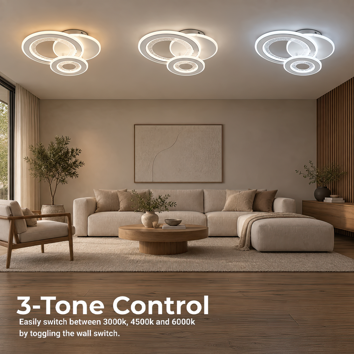 LED luster 53 W, 3 kruhy, studené/teplé/neuterálne svetlo, biela farba, imaginea 3