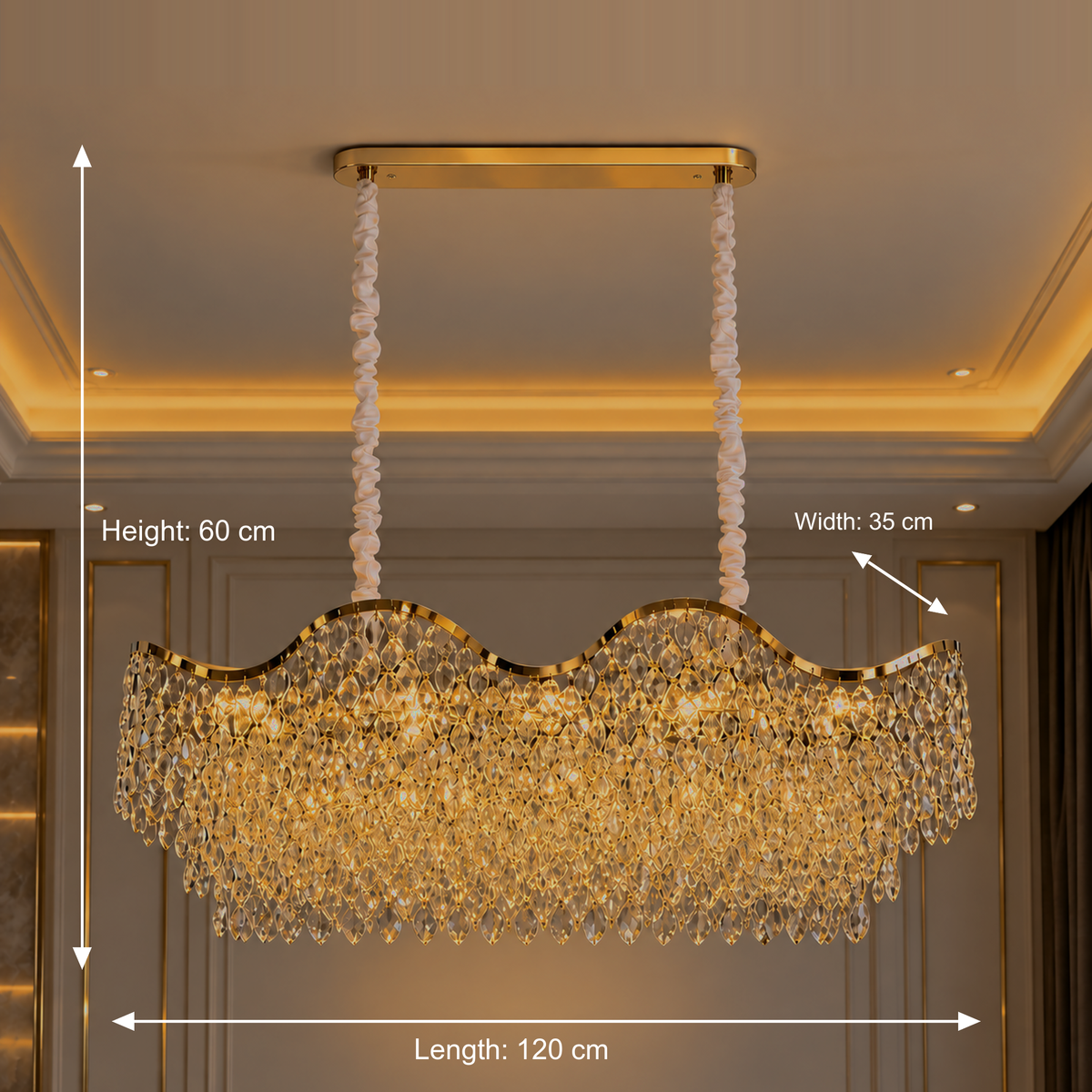 Candelabru Cristal 16xE14 VELOURA Supremo Reale, 120x35 cm, Auriu, Inaltime Reglabila, Metal si Cristal