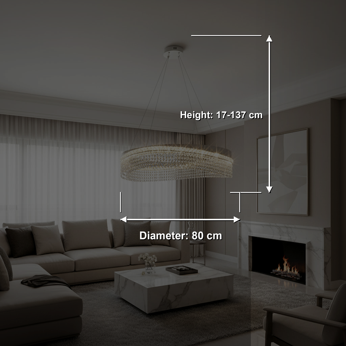 Candelabru Cristal VOLNA Magno, 170W, D80cm, Lumina Calda/Neutra/Rece, Alb, Metal si Cristal