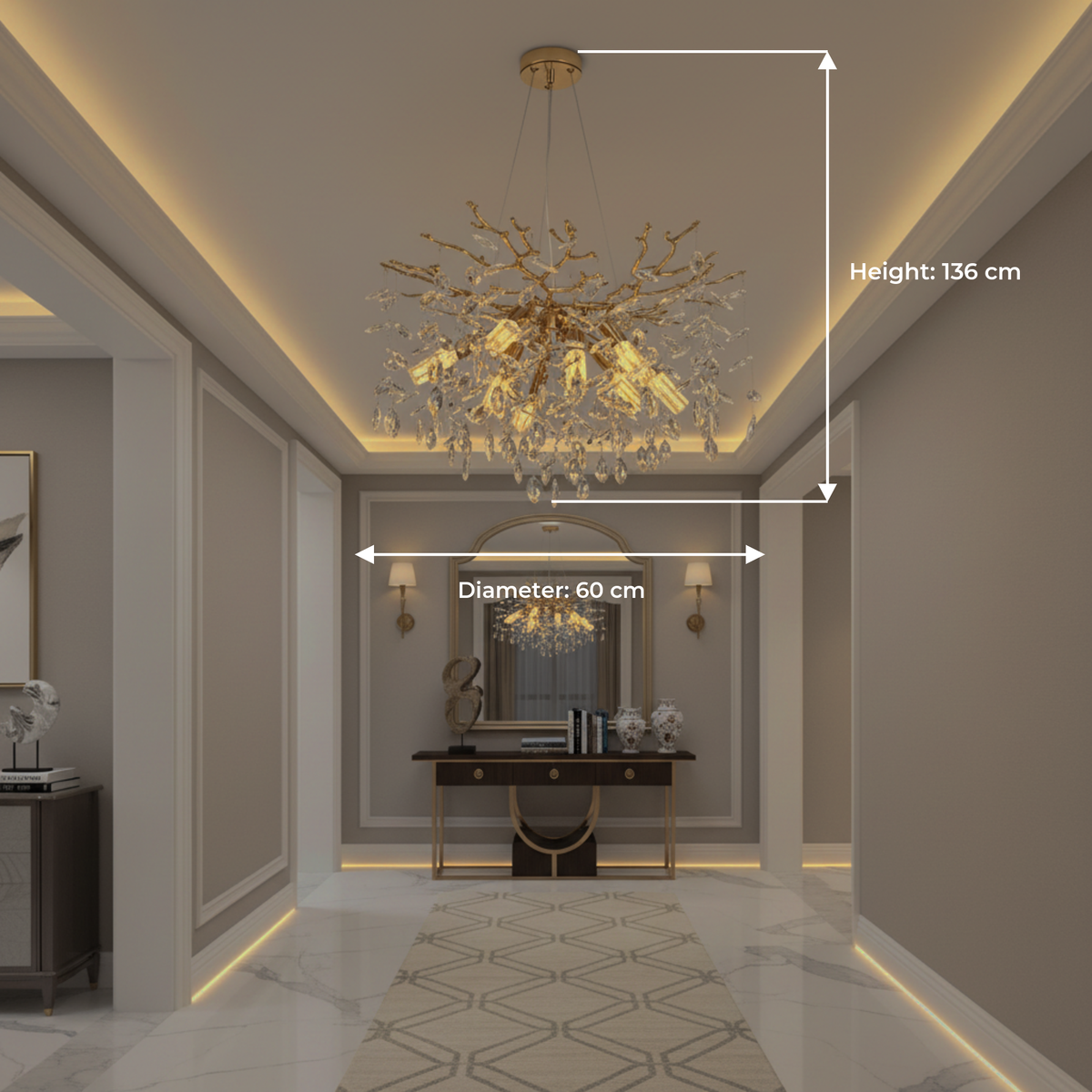 Candelabru Cristal LEAF Magno, Φ60cm, 8xE14, Auriu, Metal si Cristal