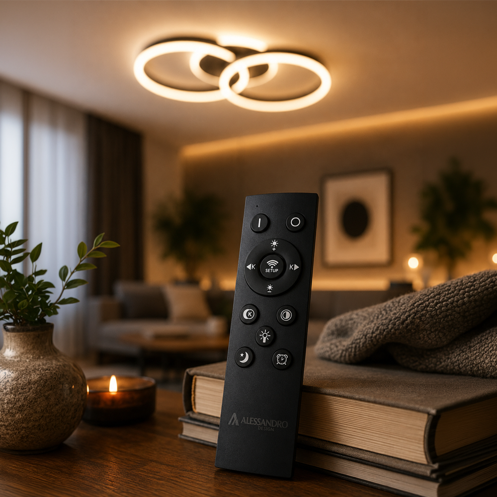 RIGA LILITH 34W LED Chandelier with Remote Control, 2 Rings, Cool/Warm/Neutral Light, Dimmable, Black, imaginea 2