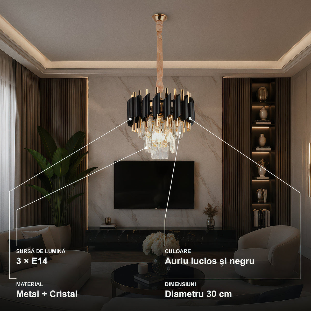 Candelabru VERSAILLES Petito, 3×E14, auriu lucios și negru, metal și cristal, diametru 30 cm