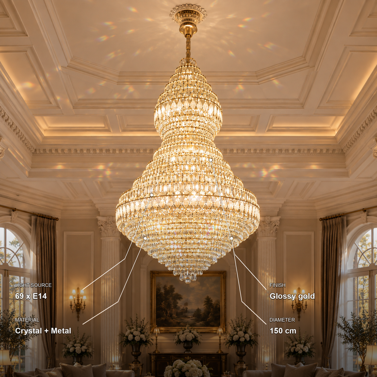 Candelabru Cristal VELVET Supremo, 69xE14, D150 cm, Auriu, Inaltime Reglabila, Metal si Cristal