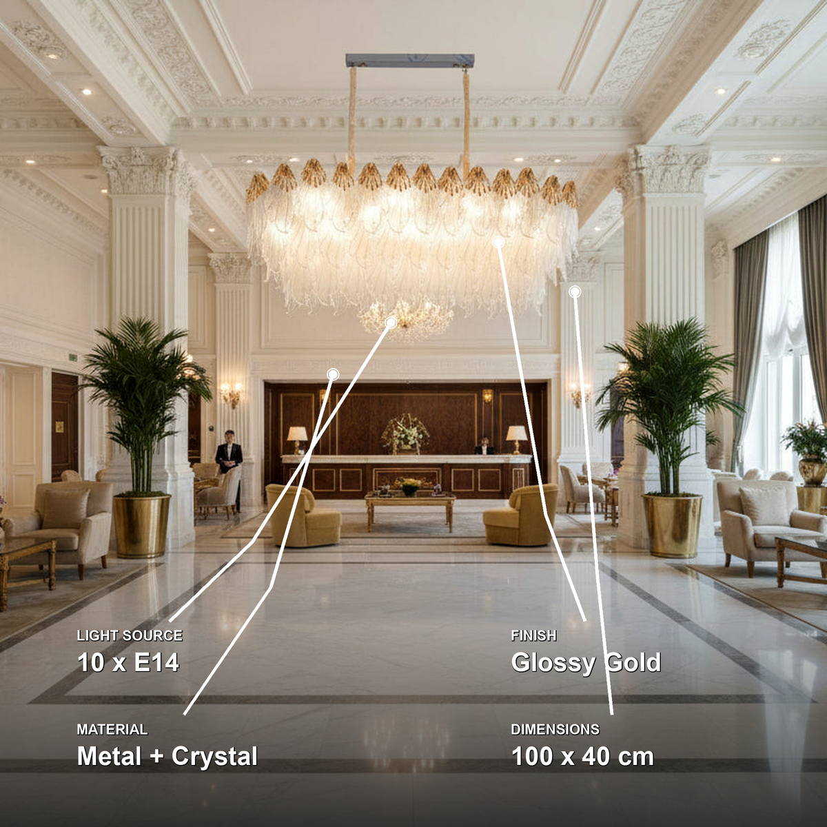 Candelabru Cristal MURANO Supremo 10xE14, 100x40 cm, Auriu, Inaltime Reglabila, Metal si Cristal