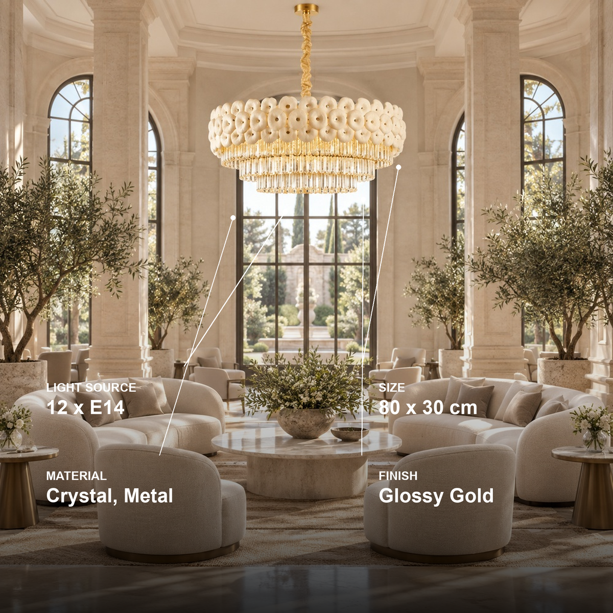 Candelabru Cristal PETAL Regalis 15xE14, D80 cm, Auriu, Inaltime Reglabila, Metal si Cristal