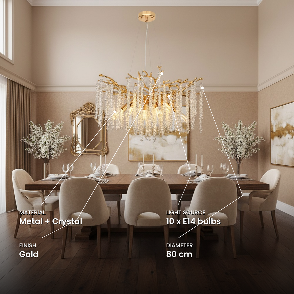 Candelabru Cristal ARBUS Regalis, Φ80cm, 10xE14, Auriu, Metal si Cristal