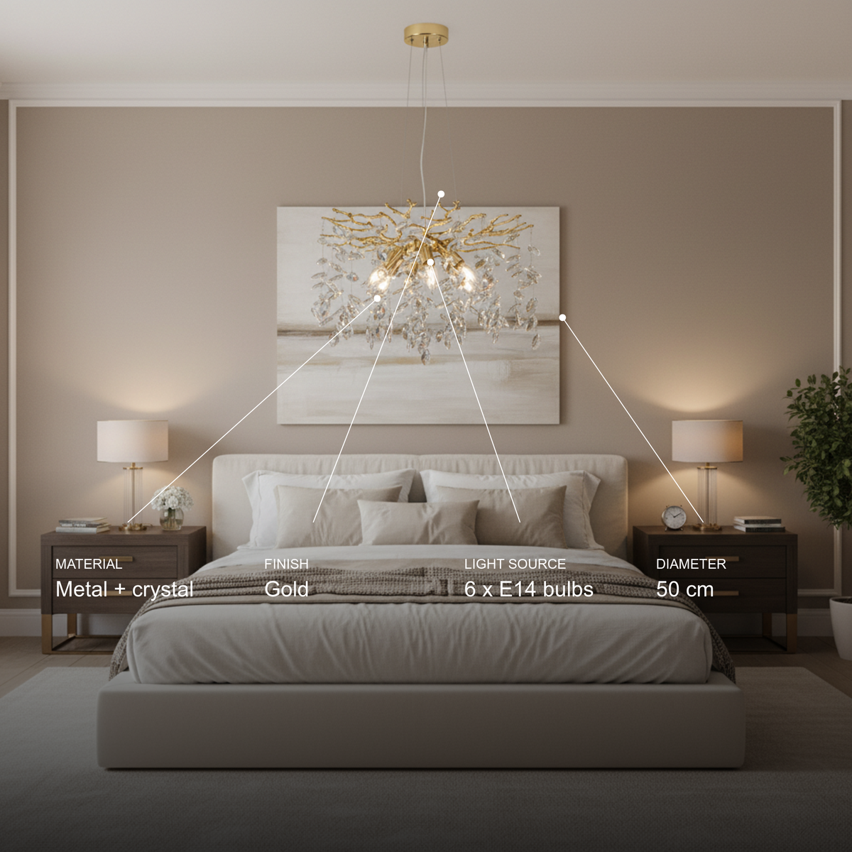 Candelabru Cristal LEAF Eleganza, Φ50cm, 6xE14, Auriu, Metal si Cristal