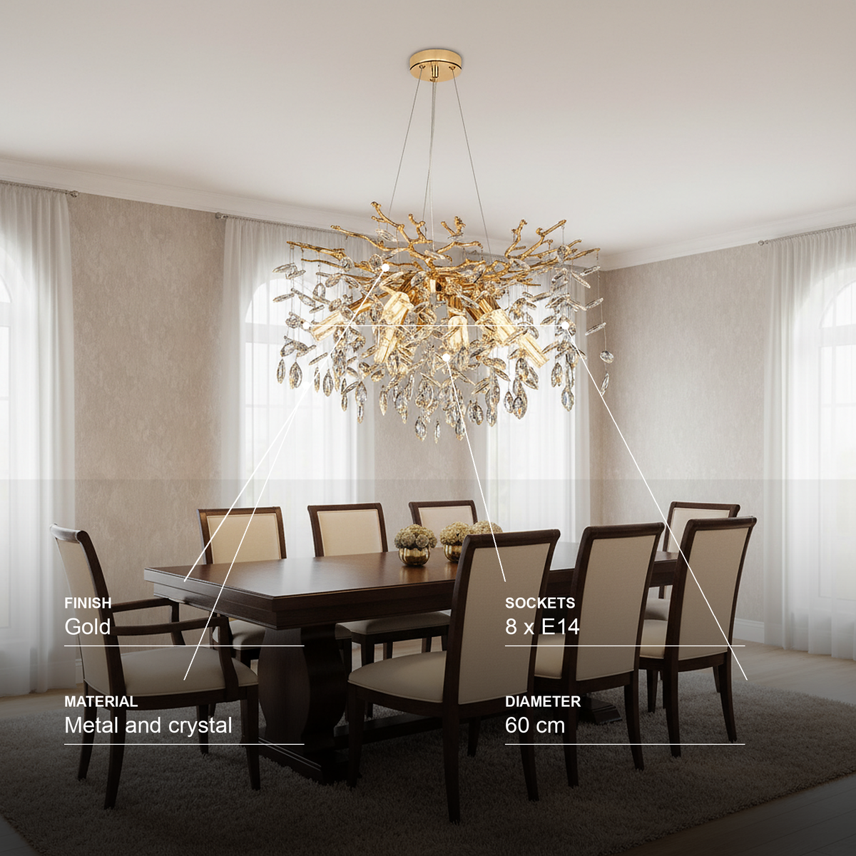 Candelabru Cristal LEAF Magno, Φ60cm, 8xE14, Auriu, Metal si Cristal
