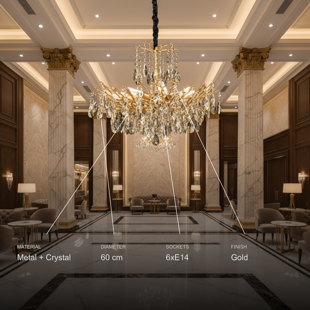 Candelabru Cristal REINA Magno, 6xE14, D60cm, Auriu, Metal si Cristal