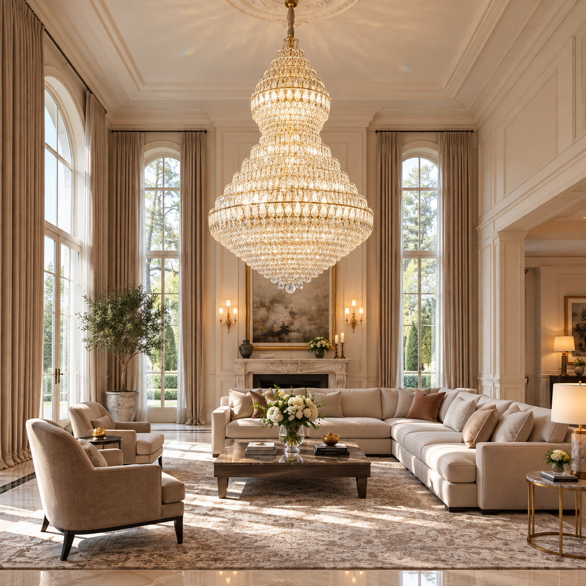 Candelabru Cristal VELVET Supremo, 69xE14, D150 cm, Auriu, Inaltime Reglabila, Metal si Cristal