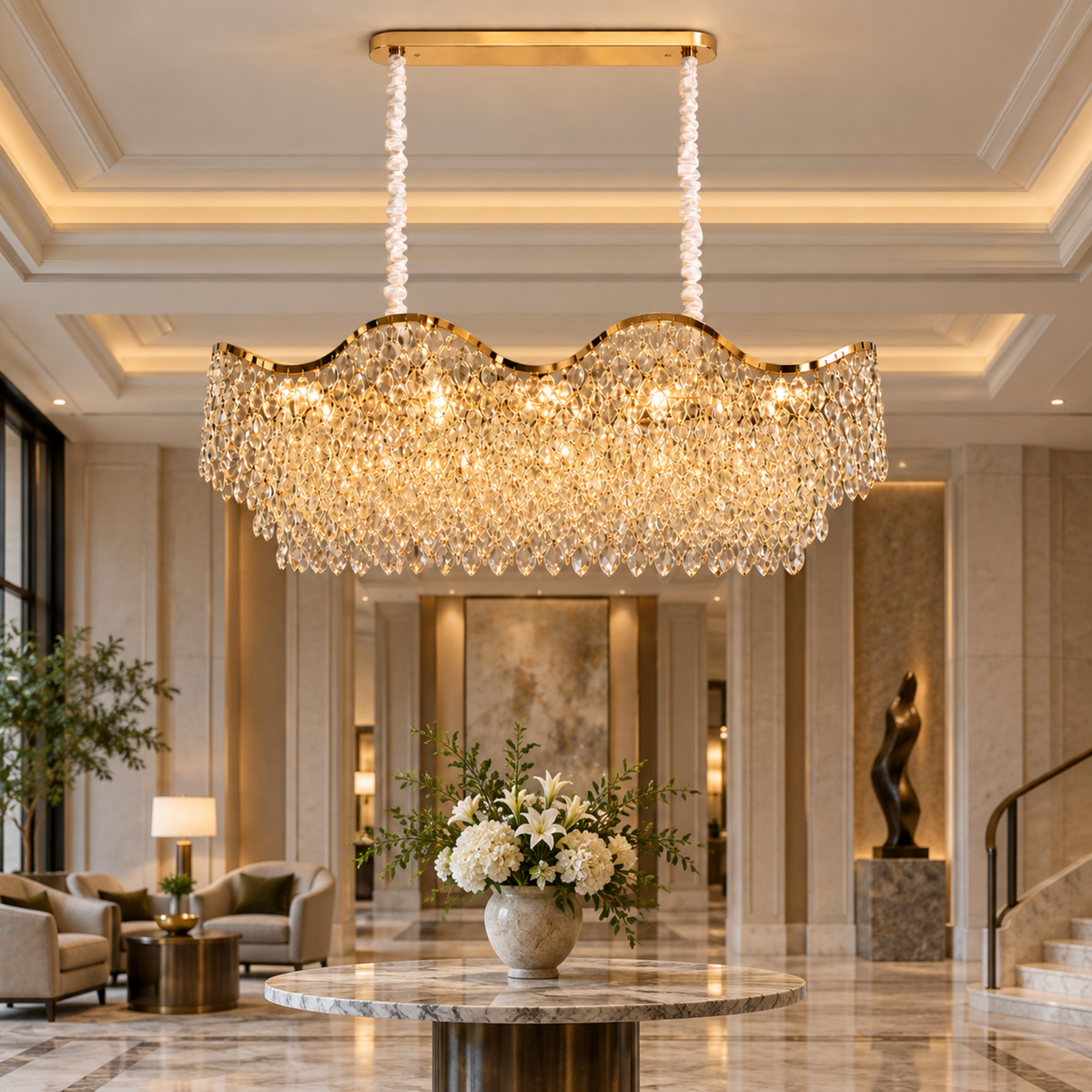 Candelabru Cristal 16xE14 VELOURA Supremo Reale, 120x35 cm, Auriu, Inaltime Reglabila, Metal si Cristal