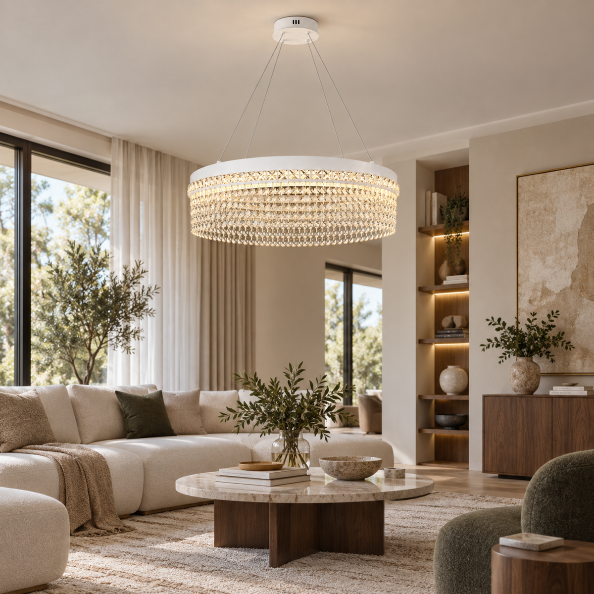 Candelabru Cristal VOLNA Magno, 170W, D80cm, Lumina Calda/Neutra/Rece, Alb, Metal si Cristal