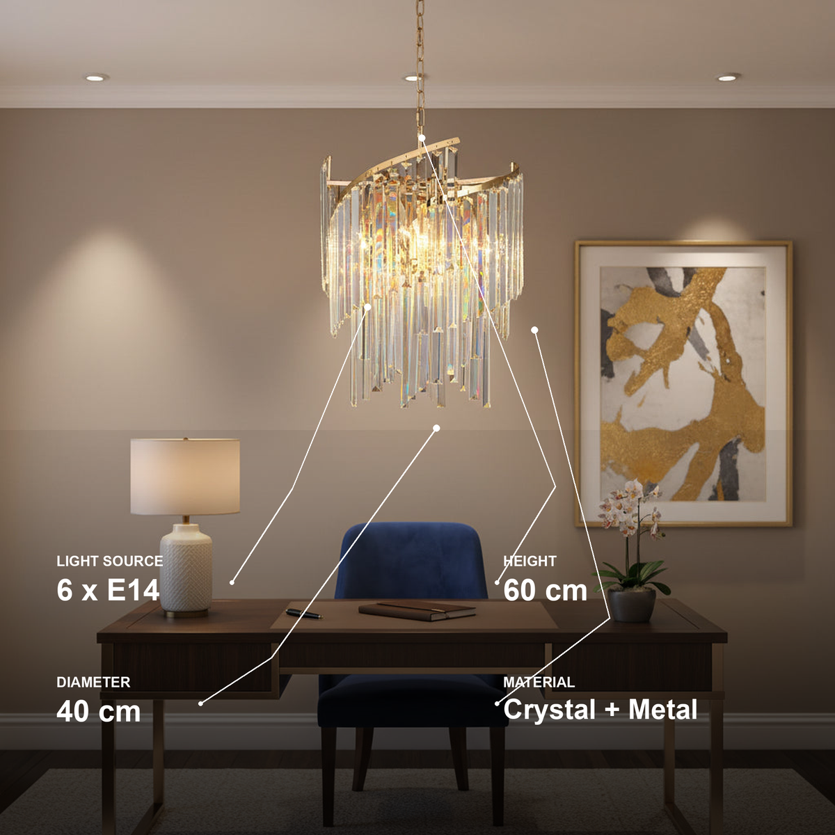 Candelabru Cristal TWEEZE Nobile, 6xE14, D40 cm, Auriu, Metal si Cristal