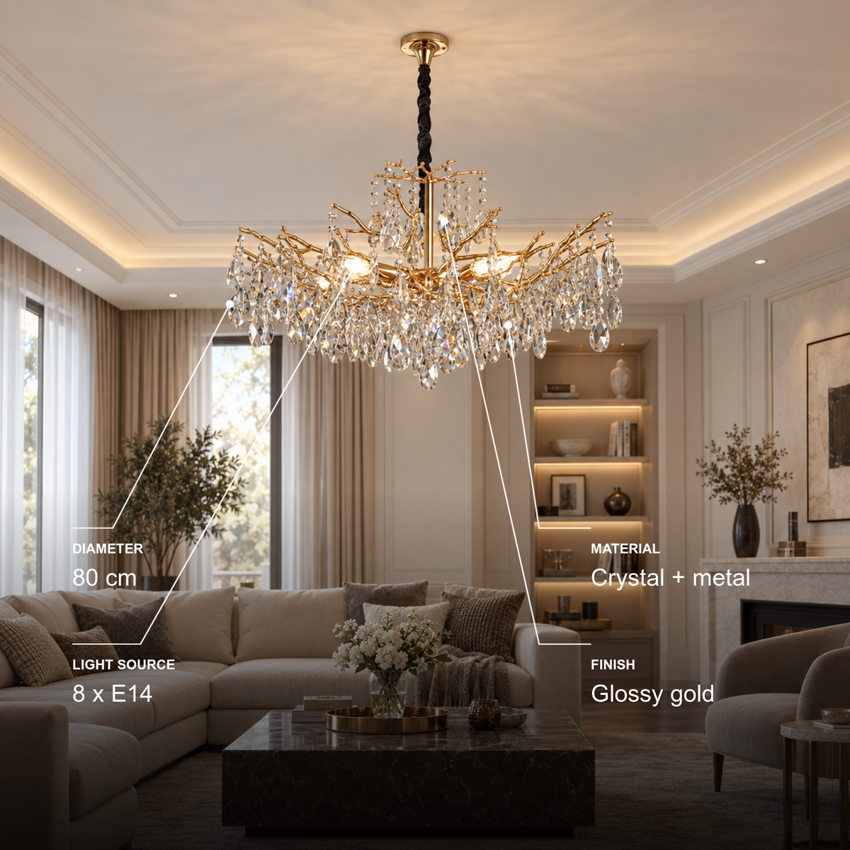 Candelabru Cristal REINA Regalis, 8xE14, D80cm, Auriu, Metal si Cristal