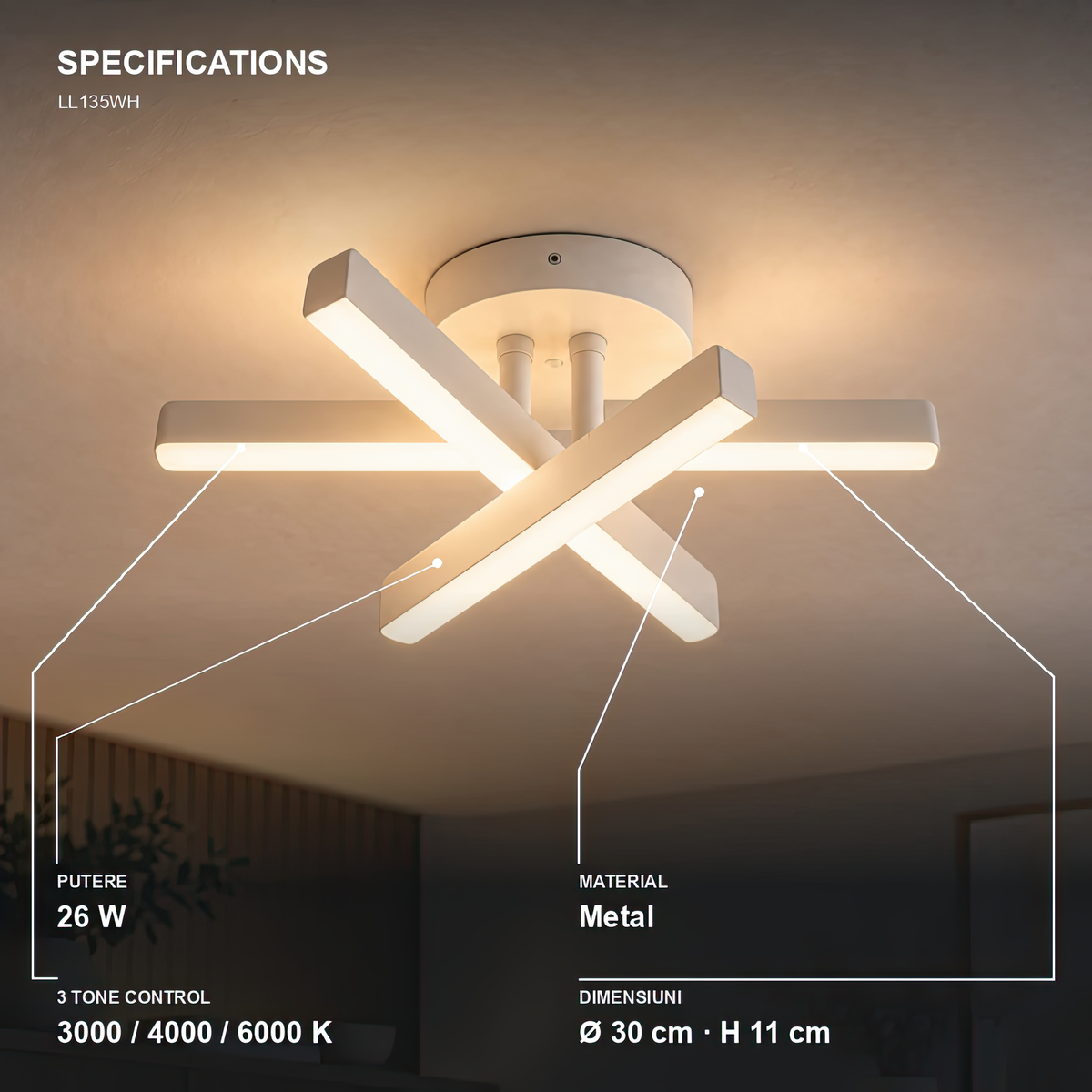 Diego LED Chandelier, 26W, White, Metal, Cool/Warm/Neutral Light, imaginea 5