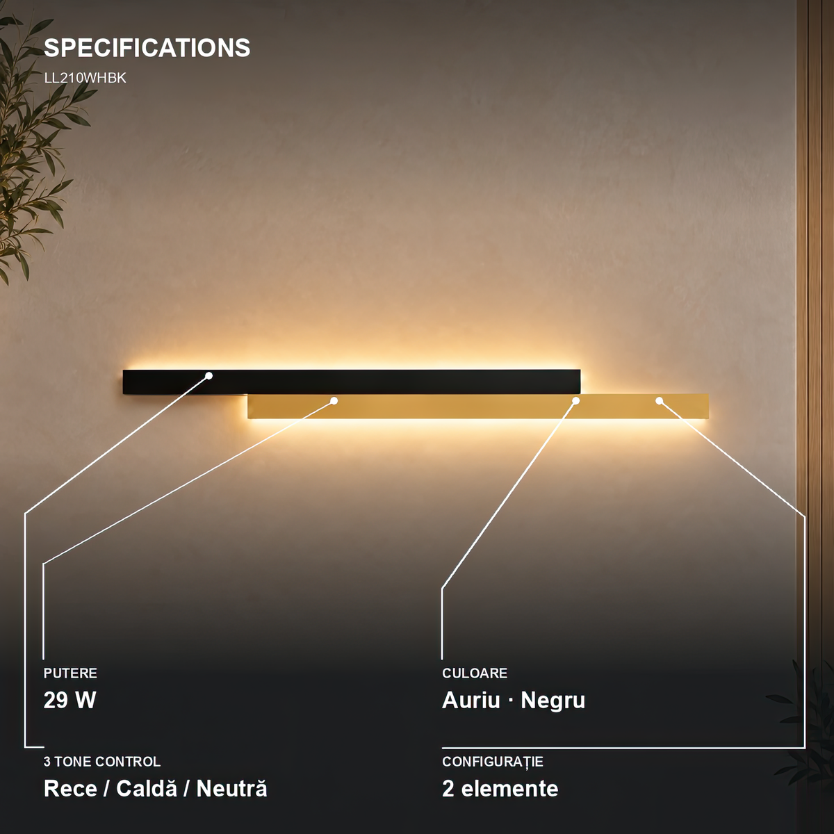 Aplica LED LINIUS 29W, 2 Elemente, Liniara, Lumina Calda/Neutra/Rece, Auriu Negru, imaginea 5