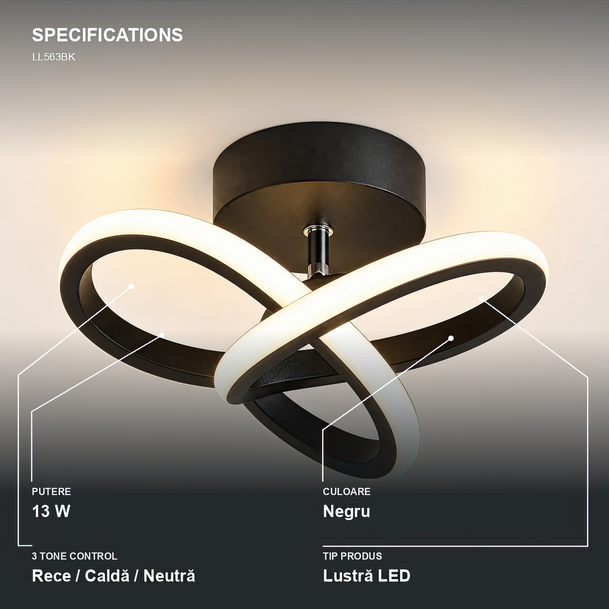 Lustra LED VERTEX Infinitum 13W, Lumina Rece/Calda/Neutra, Negru, imaginea 5
