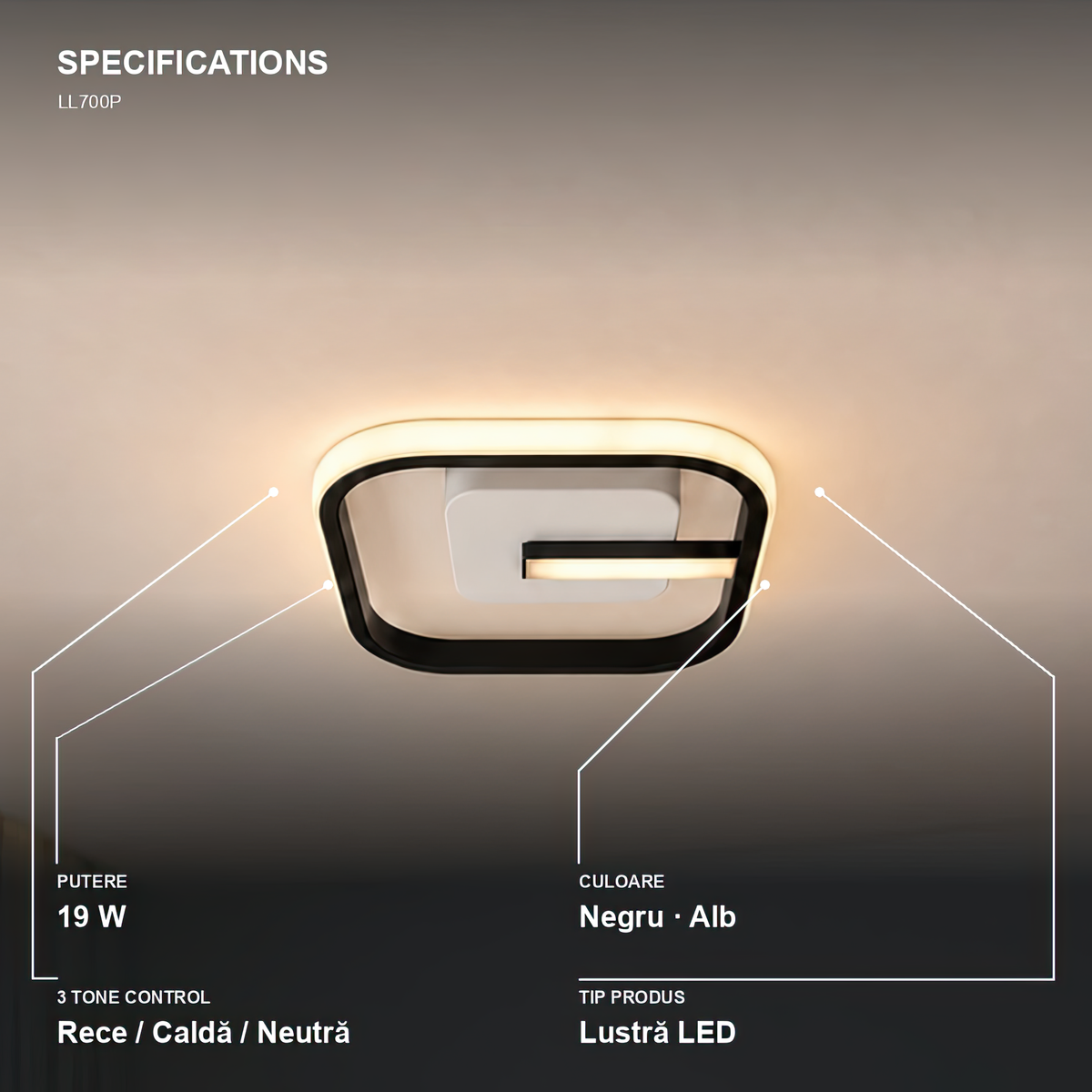 LED luster VICTORIA 19 W, štvorcový, studené/teplé/neuterálne svetlo, čierny, biely, imaginea 5