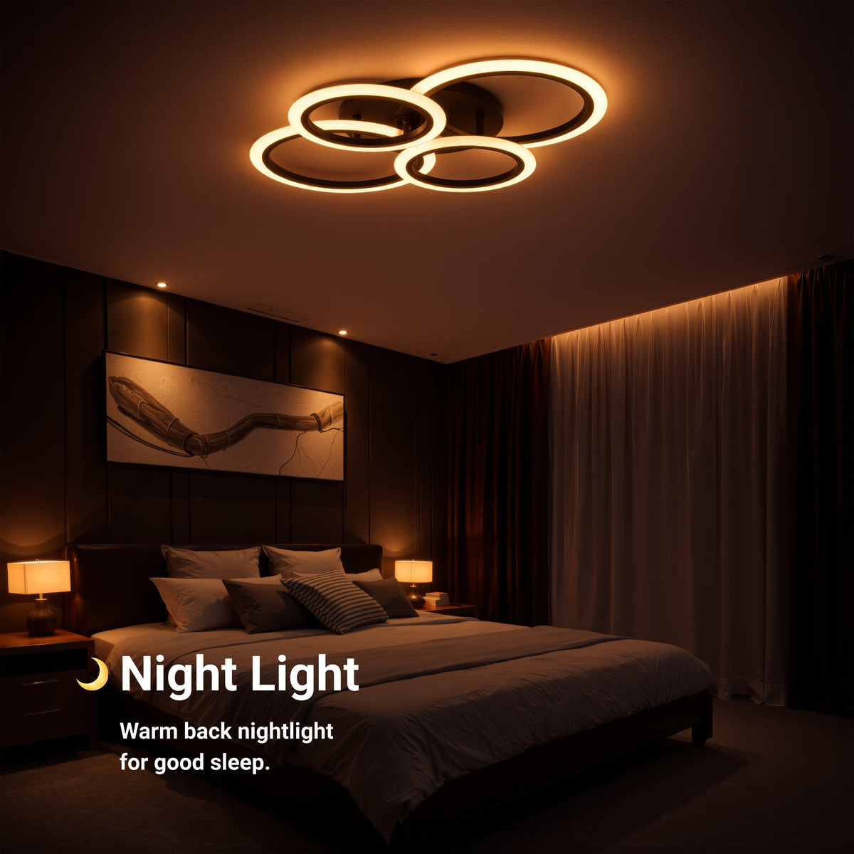 BETTY 43W LED Chandelier with Remote Control, 4 Rings, Cool/Warm/Neutral Light, Dimmable, Black, imaginea 6
