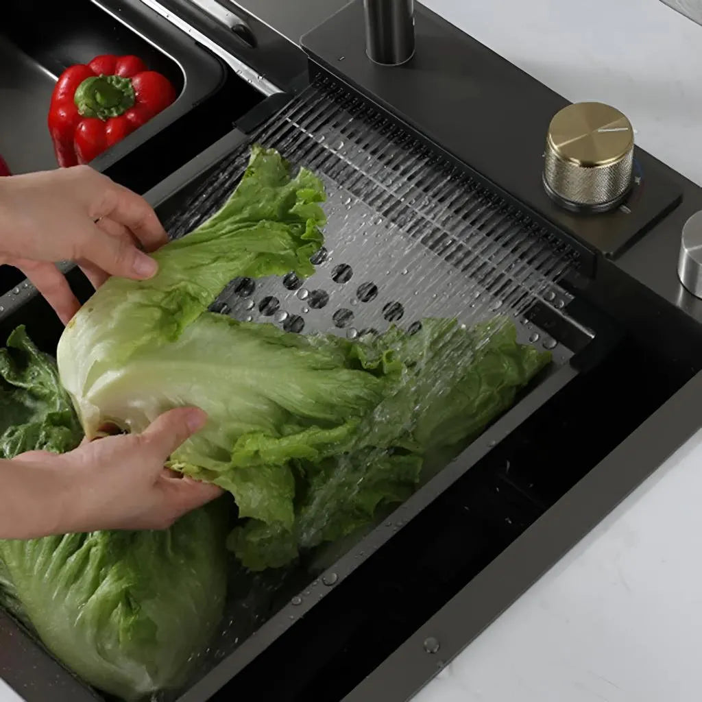 Set Chiuveta Bucatarie Inox cu Baterie Dubla, Cuva Perforare Legume/Fructe, Cuva Universala cu Dop Scurgere, Tocator, Negru Grafit, 75x45X21cm