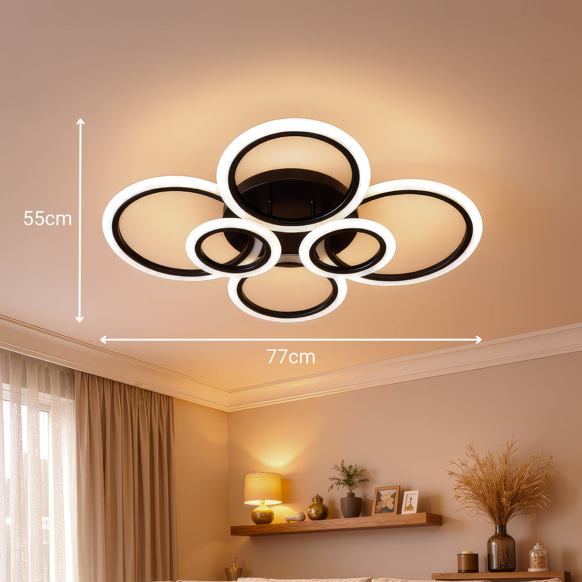 BETTY 82W LED Chandelier with Remote Control, 6 Rings, Cool/Warm/Neutral Light, Dimmable, Black, imaginea 13