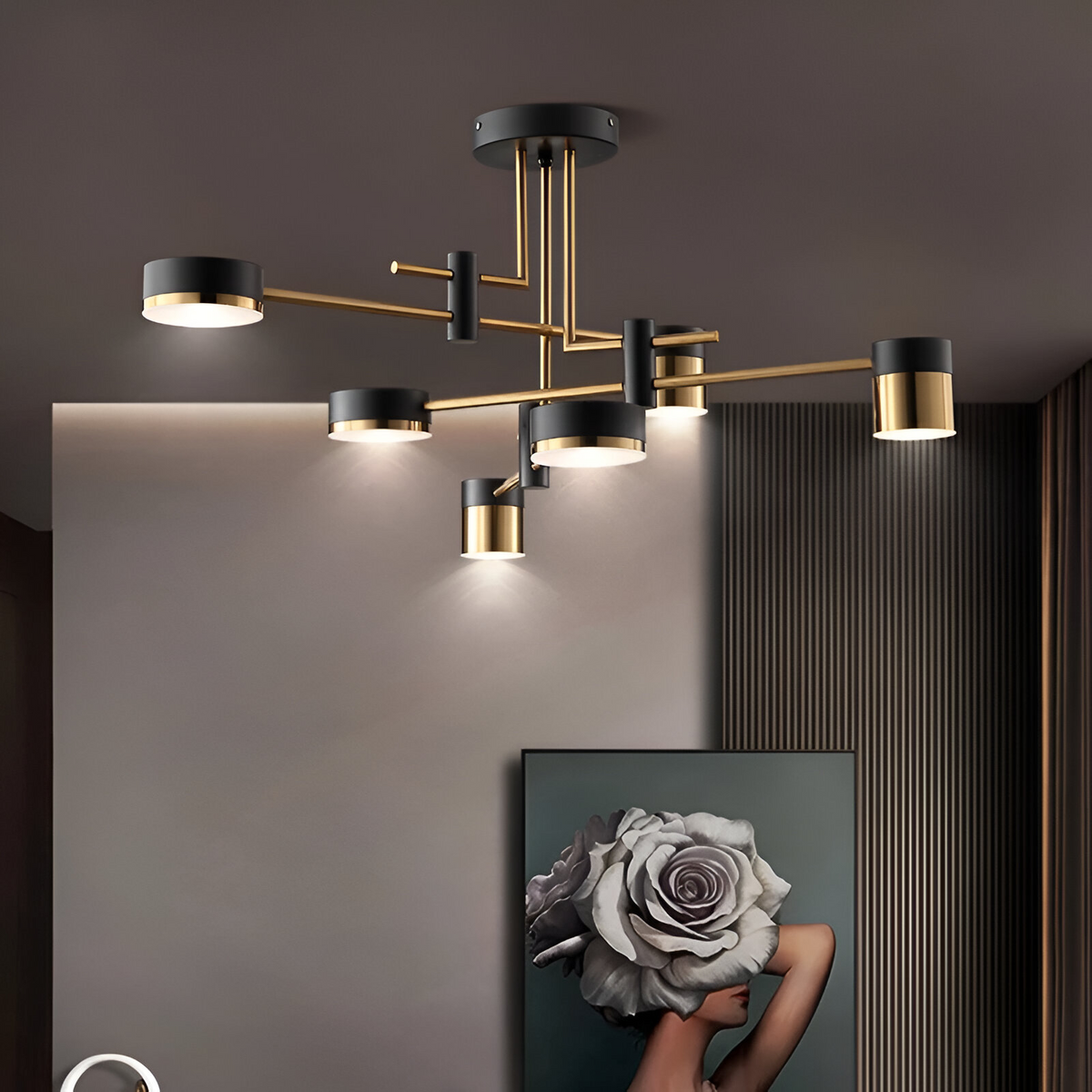 Lustra LED Moderna Ionitus 72W Negru si Auriu, Brate, Lumina Calda/Neutra/Rece 3000K/4000K/6000K, Metal si Acril