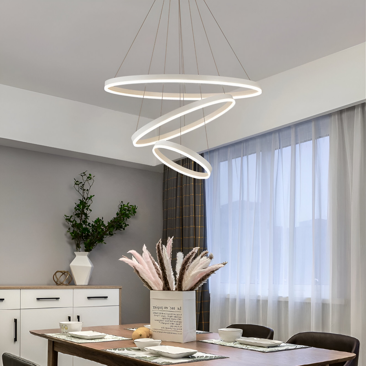 SERENA 85W LED Pendant Chandelier with Remote Control, 60cm, 3 Rings, Cool/Warm/Neutral Light, Dimmable, White, Adjustable Height, imaginea 2