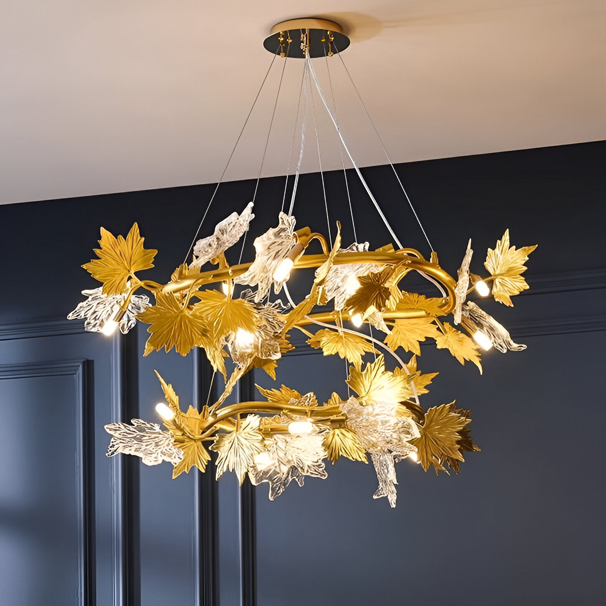Candelabru Modern, LEAFORA Regalis, 2 cercuri, 12xE14, Diametru 80cm, Auriu, Inaltime Reglabila, Metal si Cristal