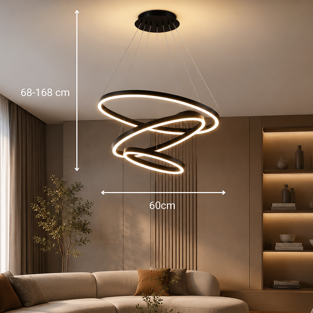 Závesný LED luster s diaľkovým ovládačom CASIANA 85 W, 3 kruhy, studené/cieple/neuterálne svetlo, dimovateľný, čierny, nastaviteľná výška, imaginea 6
