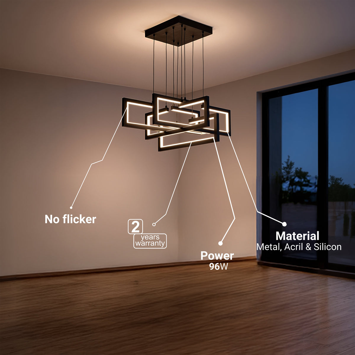 LED luster s diaľkovým ovládačom, suspenzovaný, 96 W, 4 svetlá, studené/cieple/neuterálne svetlo, dimovateľný, nastaviteľná výška, čierny, imaginea 7